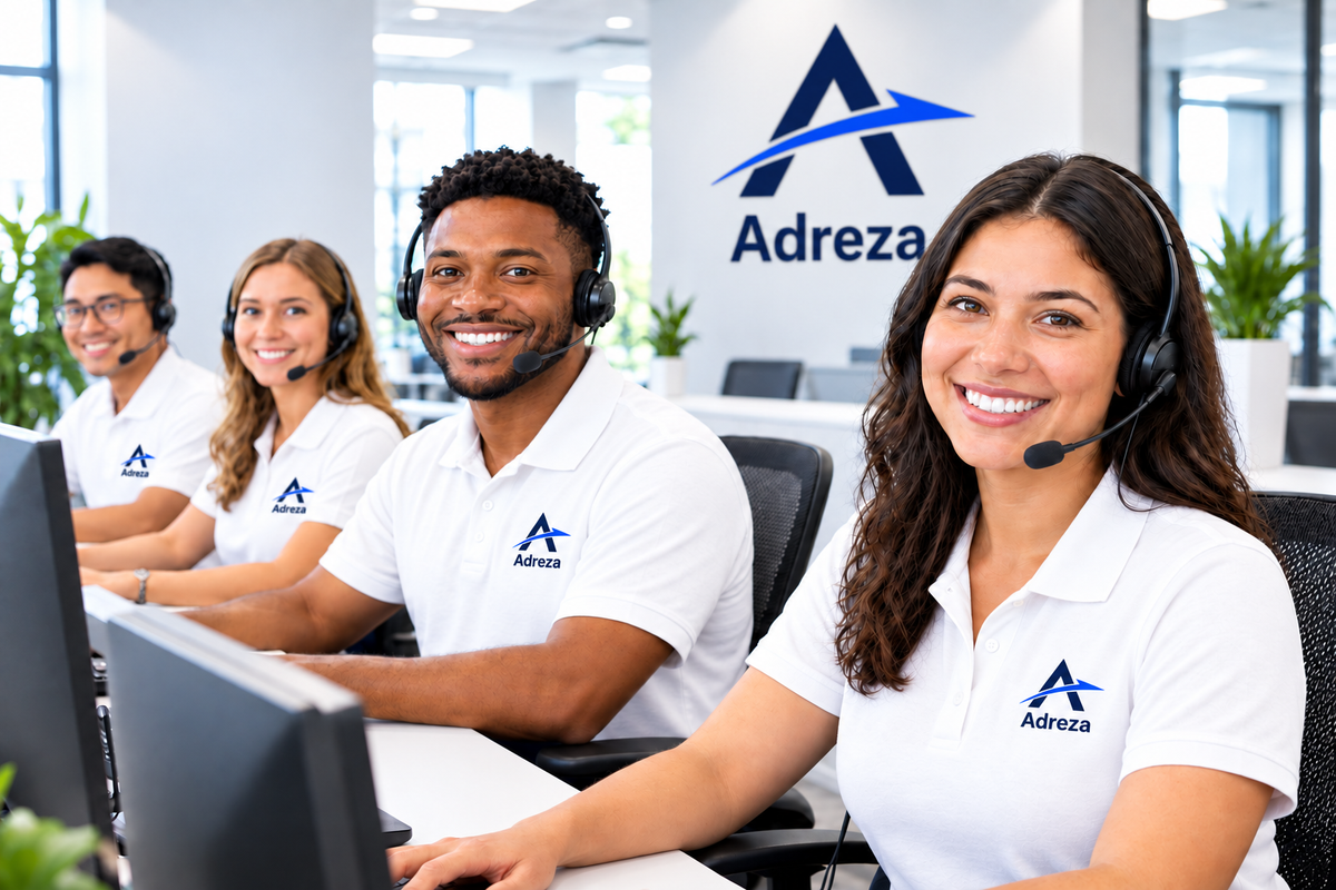 Klantenservice team met exact Adreza logo inclusief tekst op shirts en muur